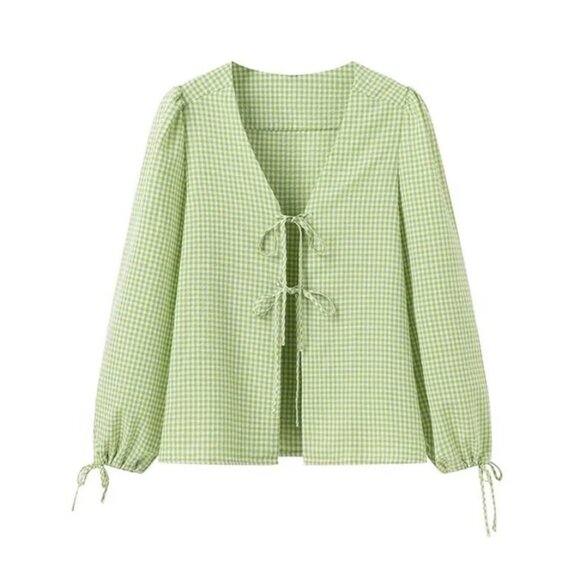 Tops - Green Gingham Kathryn Plaid Front Tie Top - Small